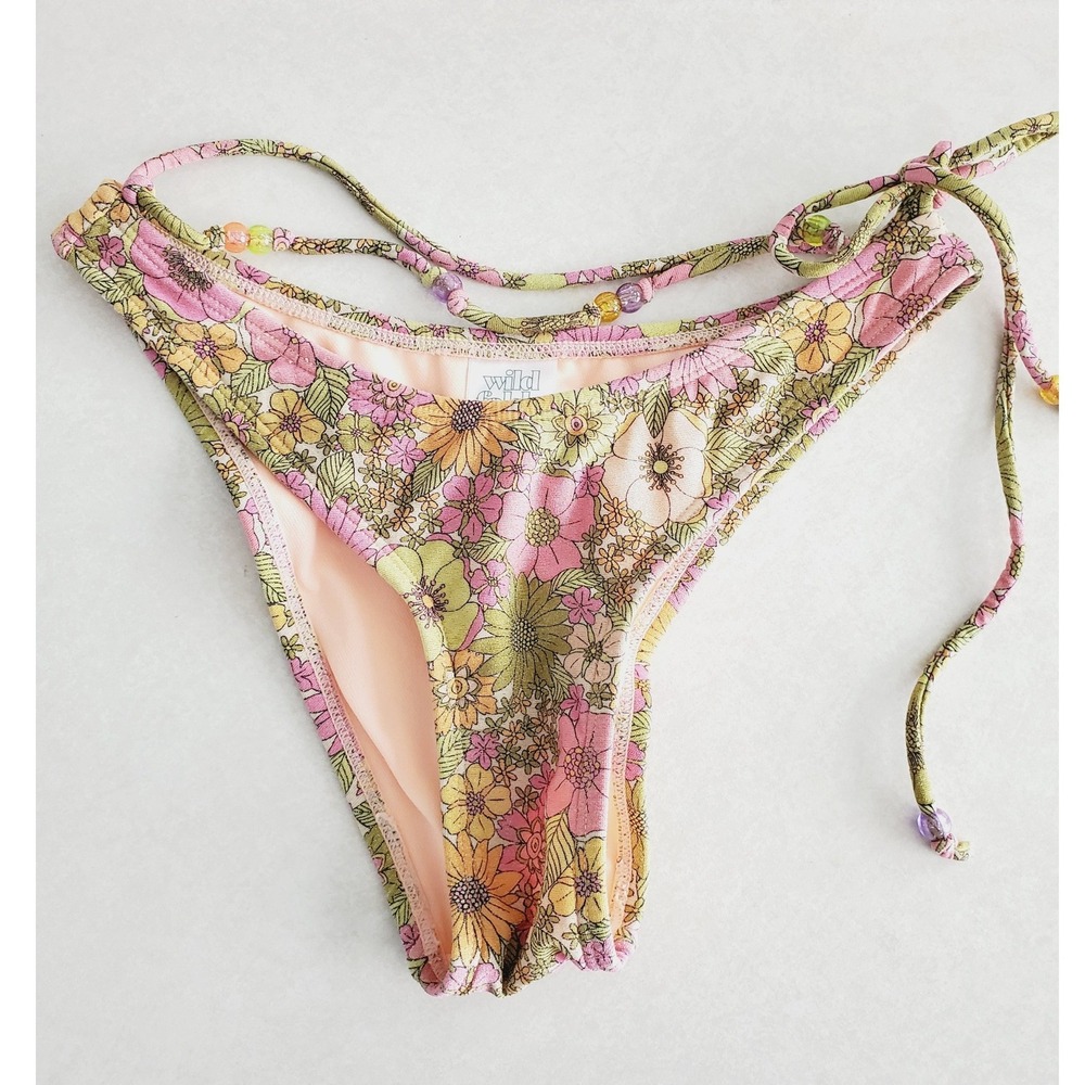 Wild Fable Bikini Bottom Pink Floral Side Tie Beaded‎ Retro Swimwear XXS